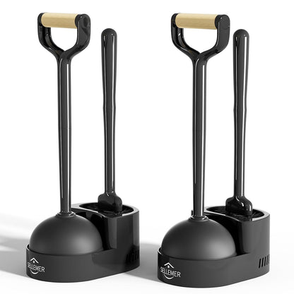 Toilet Brush and Plunger Set, Curved Head Deep Clean, Black 2 Pack | Brush and Plunger set, Curved Nylon Bristles for Deep Clean, Strong Suction Plunger, Ventilated Holder for Quickly Air Dry