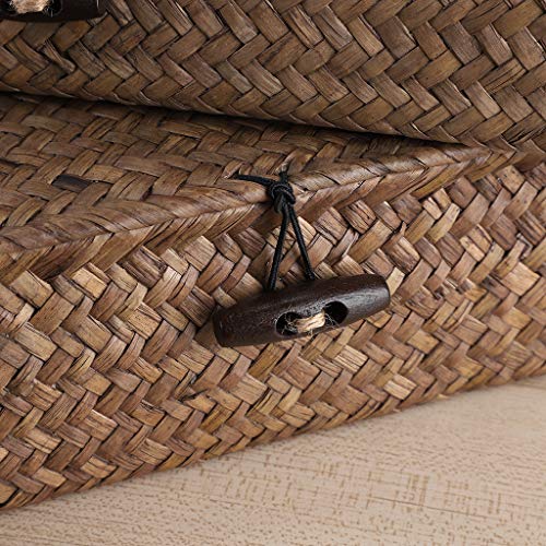 Hipiwe Set of 2 Flat Woven Wicker Storage Bins with Lid Seagrass Basket | Natural Decorative Baskets Multipurpose Home Boxes for Shelf Organizer Home Decor (Coffee)