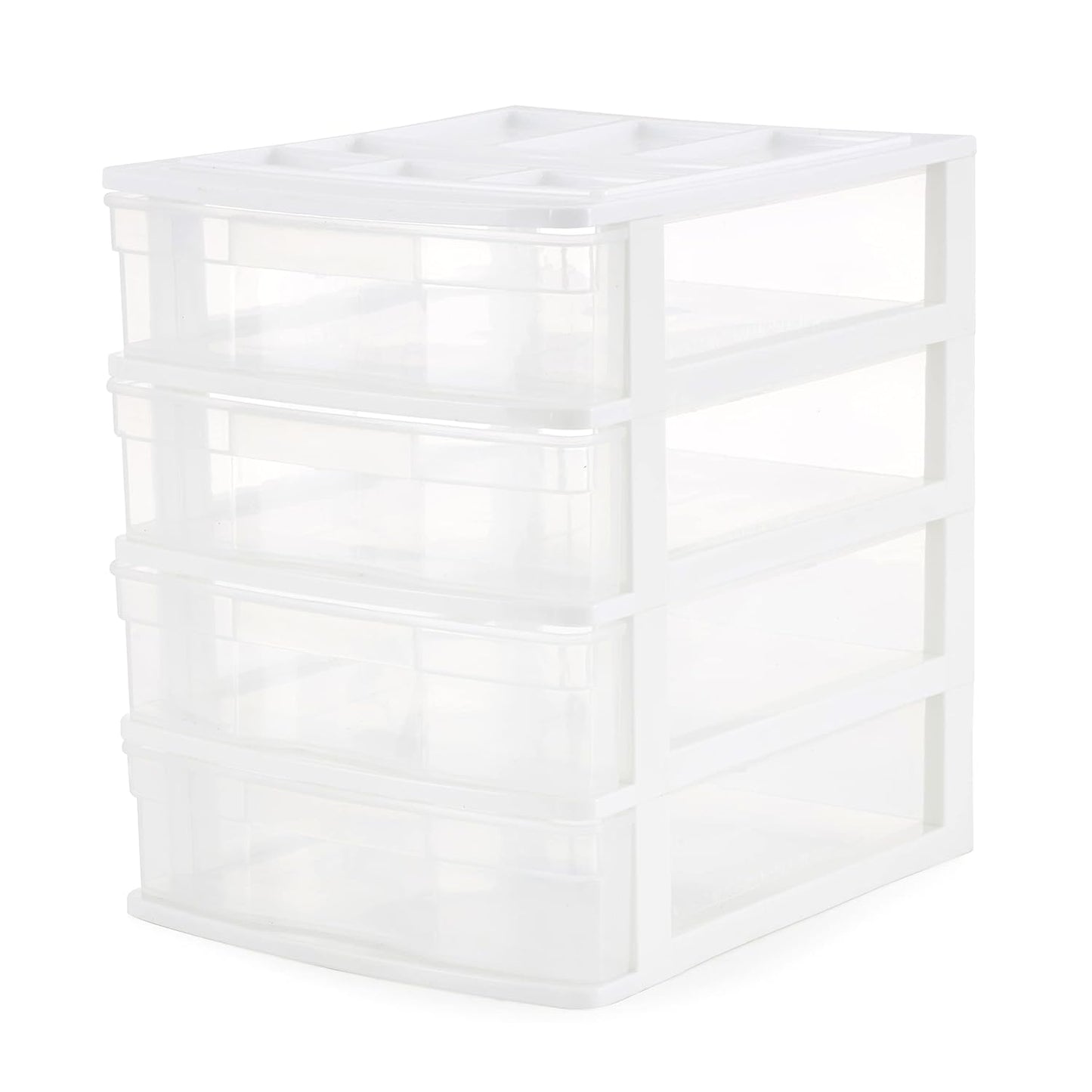 Gracious Living Drawer Organizer, 4-Tier Plastic Storage Desktop Drawers, White Frame - Stackable Clear Desk Containers & Organizers for Shelves, Bathroom, Closet, Kitchen Pantry & Office Organization