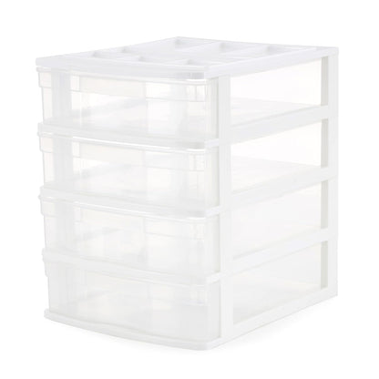 Gracious Living Drawer Organizer, 4-Tier Plastic Storage Desktop Drawers, White Frame - Stackable Clear Desk Containers & Organizers for Shelves, Bathroom, Closet, Kitchen Pantry & Office Organization