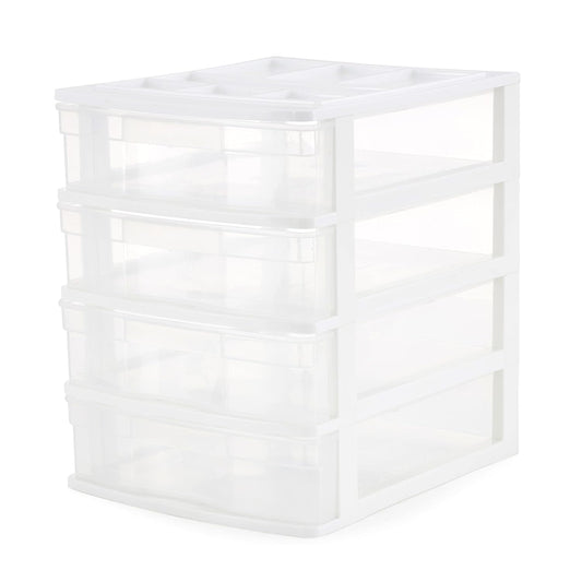 Gracious Living Drawer Organizer, 4-Tier Plastic Storage Desktop Drawers, White Frame - Stackable Clear Desk Containers & Organizers for Shelves, Bathroom, Closet, Kitchen Pantry & Office Organization