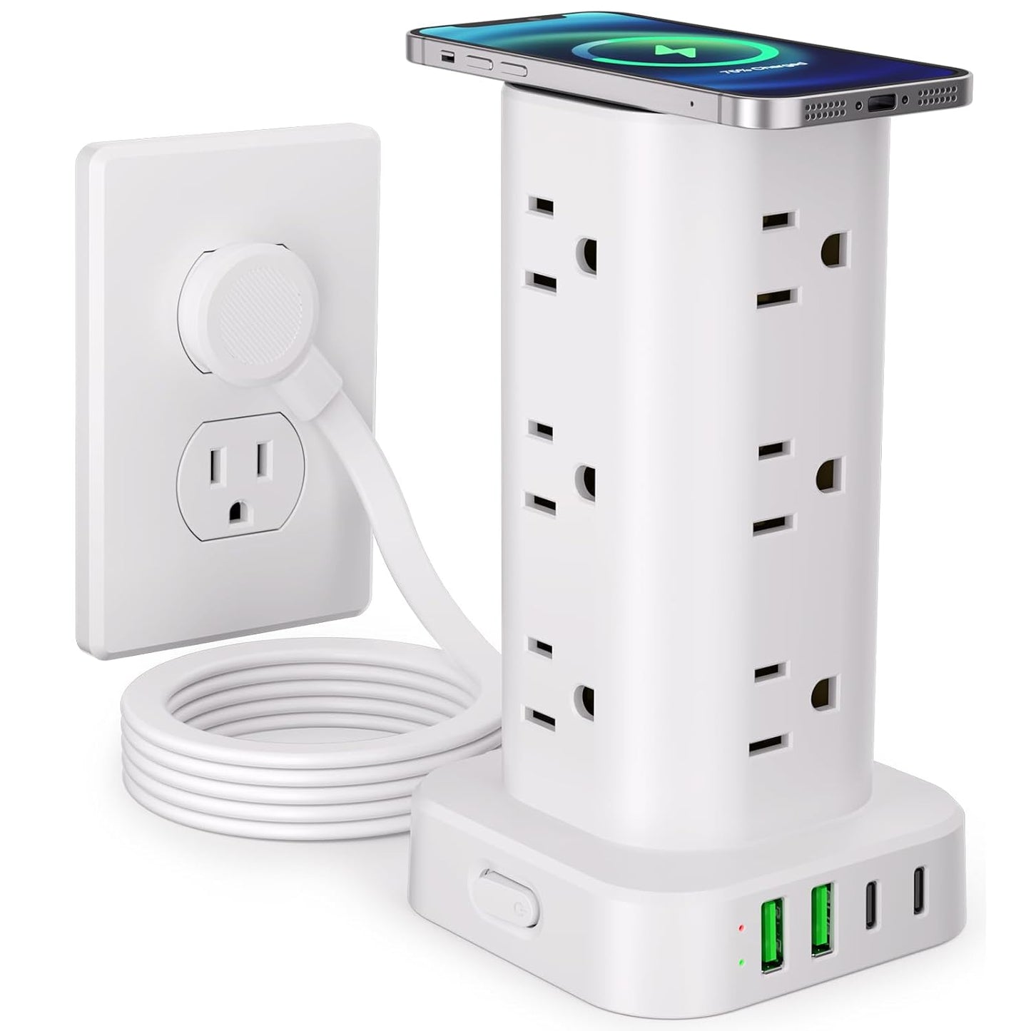 Power Strip Tower with Wireless Charger, Flat Plug Surge Protector Tower with 6FT Extension Cord, 12 AC Multiple Outlets, 4 USB (2 USB C),15W Wireless Charging Power Tower for Home Office Dorm, White