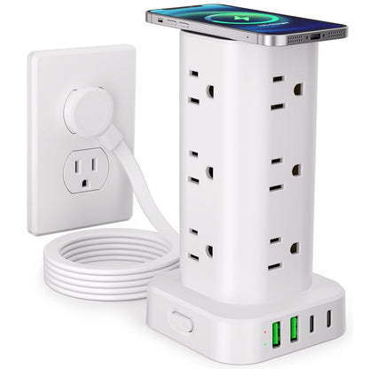 Power Strip Tower with Wireless Charger, Flat Plug Surge Protector Tower with 6FT Extension Cord, 12 AC Multiple Outlets, 4 USB (2 USB C),15W Wireless Charging Power Tower for Home Office Dorm, White