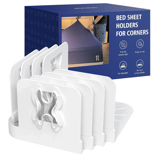 Bed Sheet Holders Lock for Corners - Bed Sheets Holder Heavy Duty in Place Set of 4 for All Mattress Sizes - Bed Sheet Mattress Holder Corner Keep Firm Tight (White)