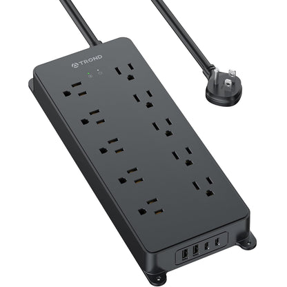 TROND Power Strip Surge Protector, 4000J, ETL Listed, Flat Plug 5ft | 10 Widely Spaced Outlets with 2 USB A and 2 USB C, Wall Mountable, 1875W/15A, for Home Office Garage, Black