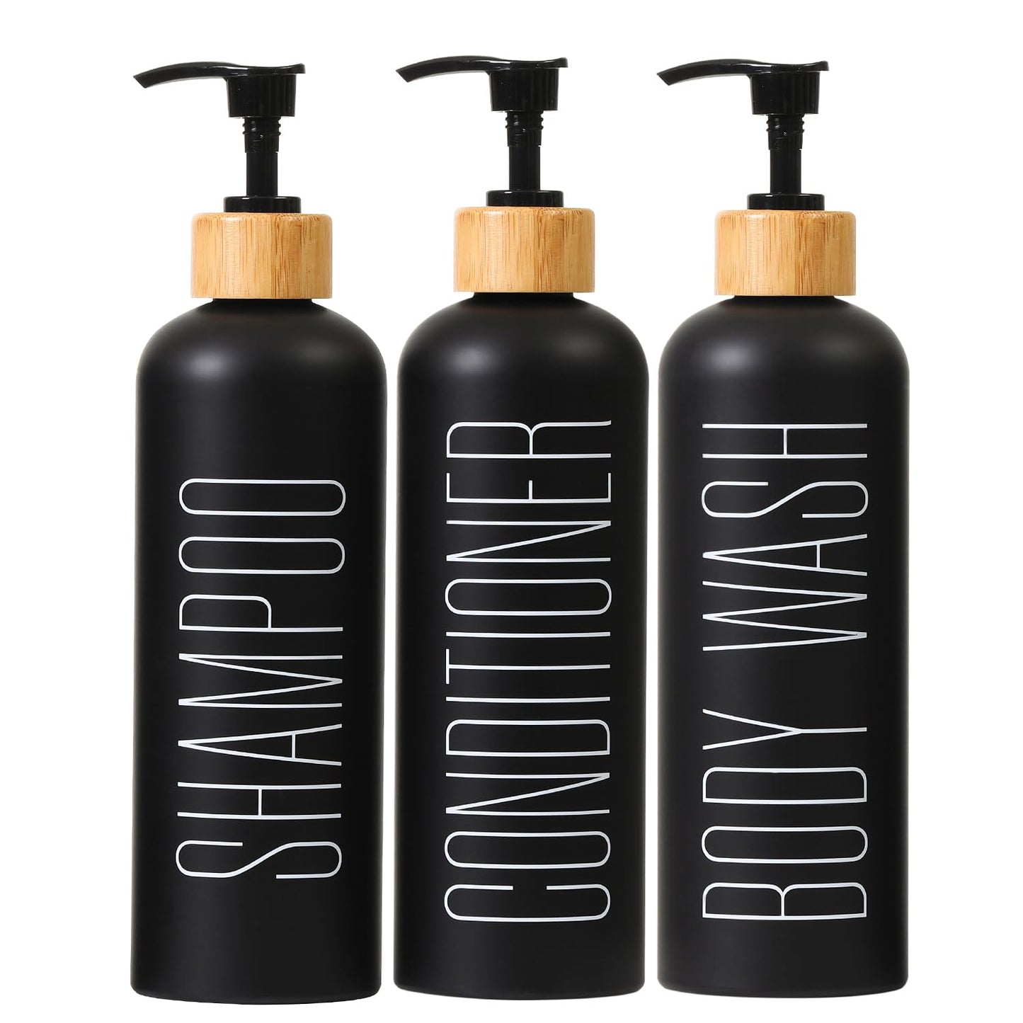 16oz 3-Pack Refillable Black Bathroom Shower Set - Empty Bottles with Pump for Shampoo, Conditioner, or Body Wash