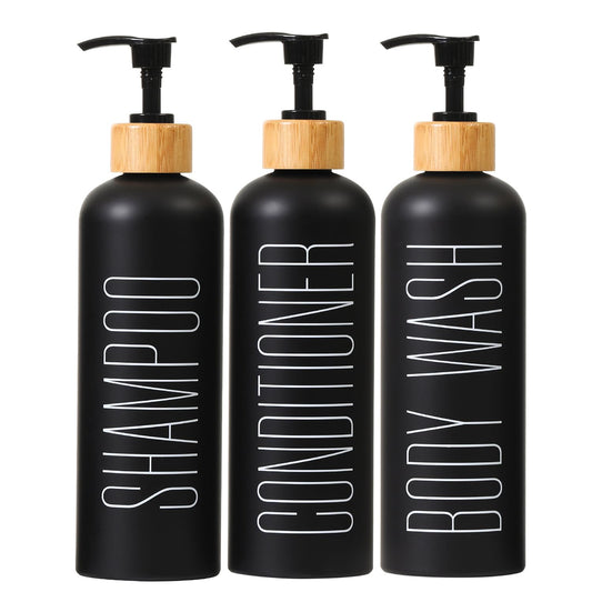 16oz 3-Pack Refillable Black Bathroom Shower Set - Empty Bottles with Pump for Shampoo, Conditioner, or Body Wash