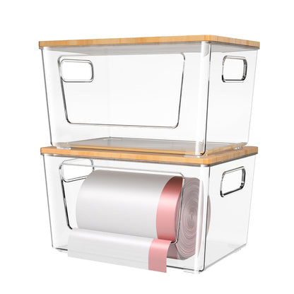 spospo 2 Pack Trash Bag Holder with Bamboo Lid Stackable Trashbag Dispenser | Extra Large Garbage Bag Holder for Kitchen Laundry Room Under Sink Organization and Storage