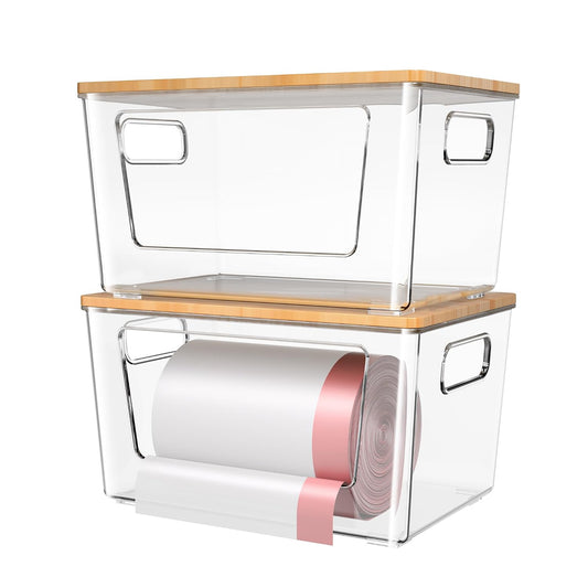 spospo 2 Pack Trash Bag Holder with Bamboo Lid Stackable Trashbag Dispenser | Extra Large Garbage Bag Holder for Kitchen Laundry Room Under Sink Organization and Storage