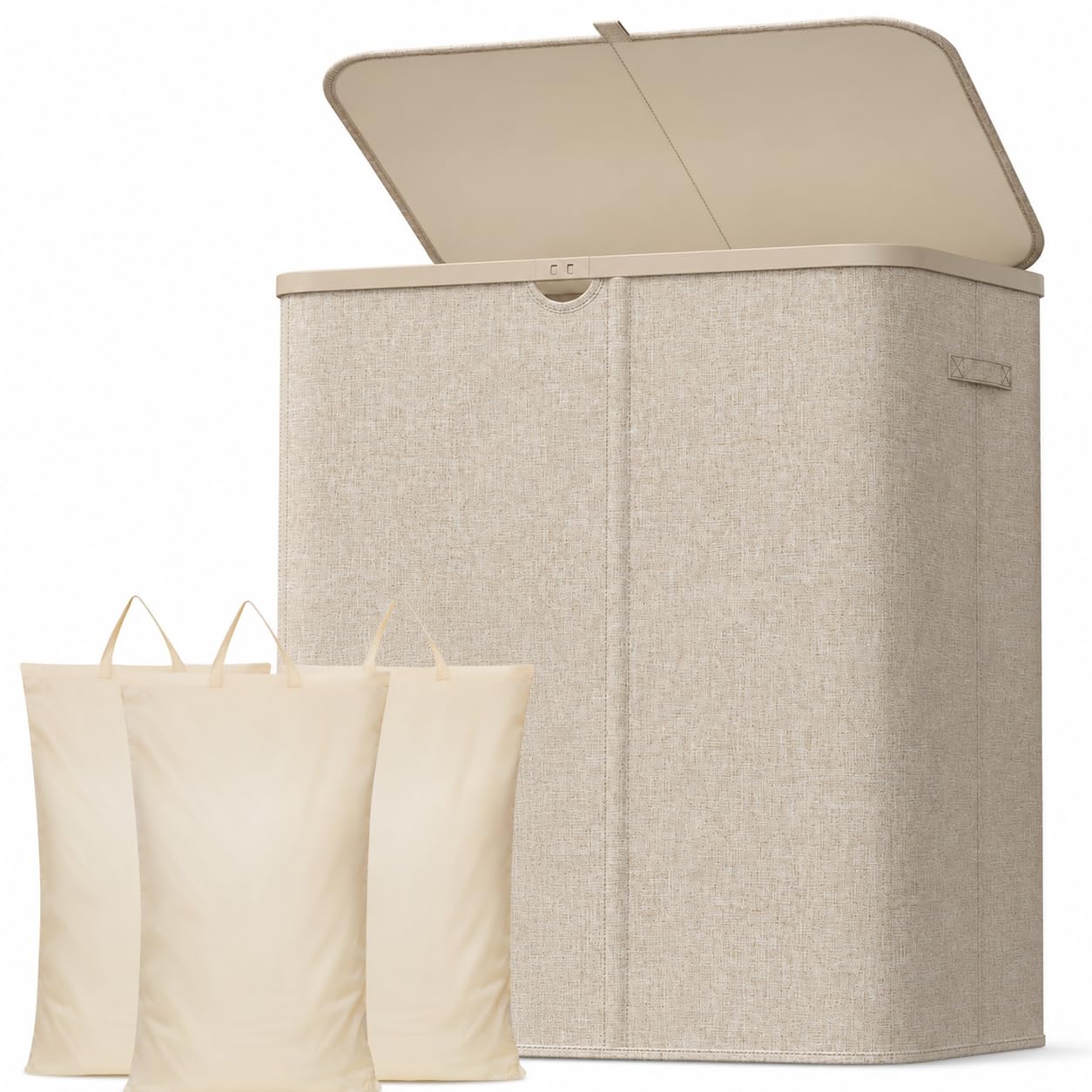 Lifewit 185L 3 Section Laundry Hamper with Lid, Large Laundry Basket with Handles and Removable Bags, Tall Clothes Hamper, Foldable Laundry Sorter for Bedroom Bathroom, Beige