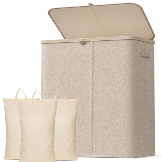 Lifewit 185L 3 Section Laundry Hamper with Lid, Large Laundry Basket with Handles and Removable Bags, Tall Clothes Hamper, Foldable Laundry Sorter for Bedroom Bathroom, Beige