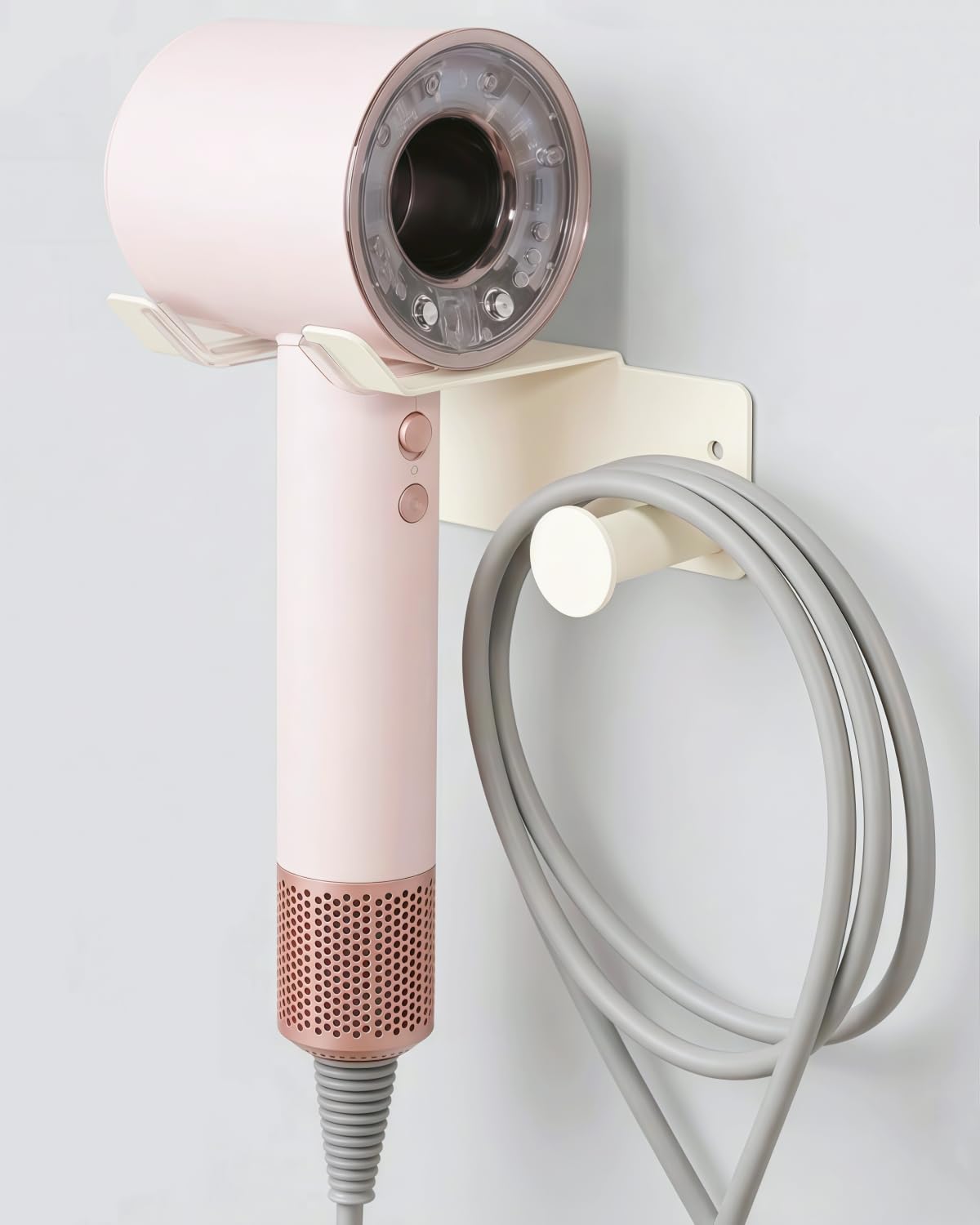 Hair Dryer Holder, Dyson Hair Dryer Holder, Blow Dryer Holder with Cord Hook SUS304 Stainless Steel Wall Mount, Self Adhesive/Screw Space Saving Hairdryer Holder for Bathroom White