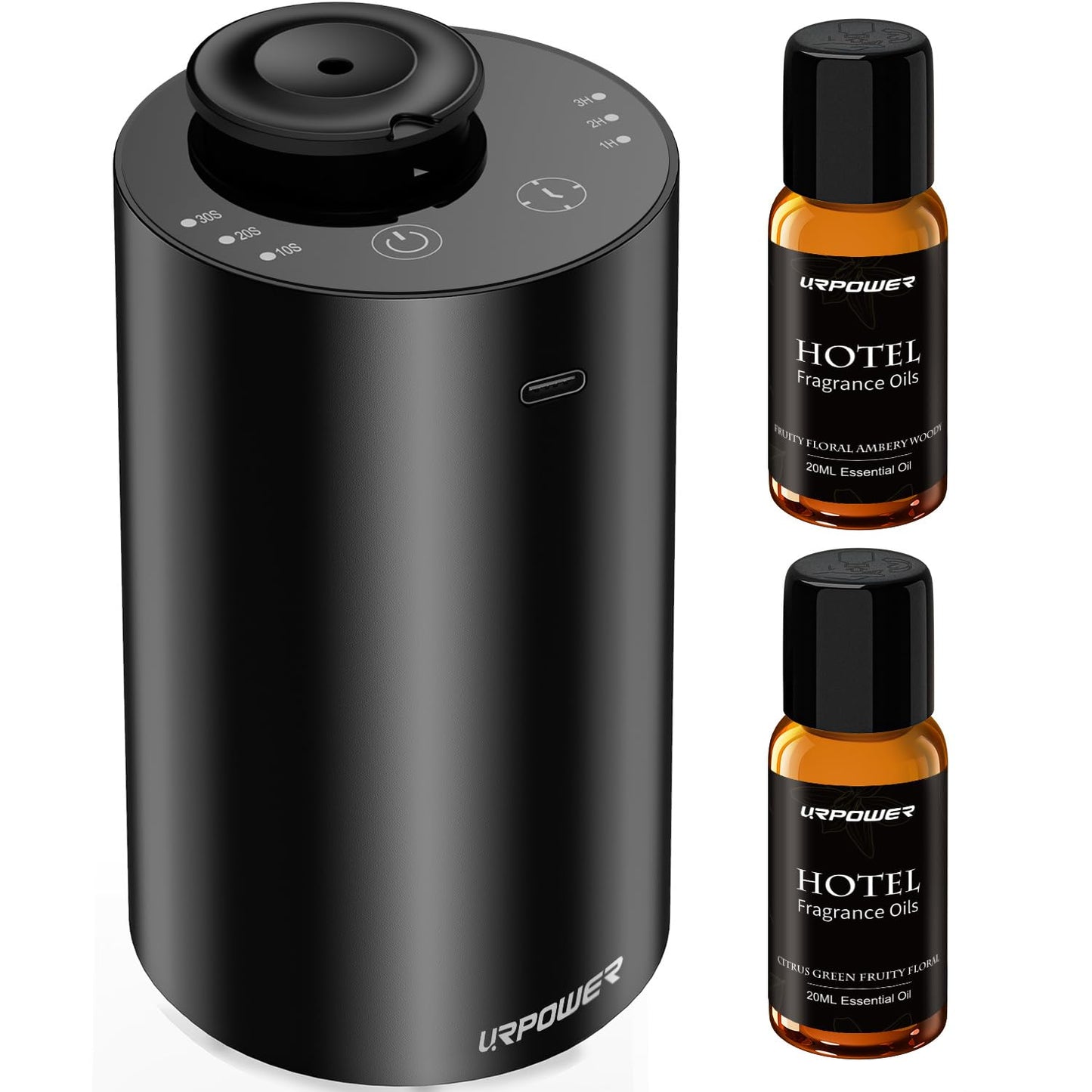 URPOWER Waterless Essential Oil Diffuser Cordless Mini Scent Diffuser 20mL | Includes 2 x 20mL Hotel-Inspired Essential Oils, Rechargeable Aluminum Waterless Diffuser for Car, Home & Office, Black