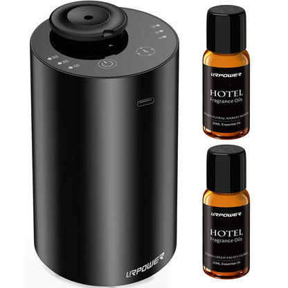 URPOWER Waterless Essential Oil Diffuser Cordless Mini Scent Diffuser 20mL | Includes 2 x 20mL Hotel-Inspired Essential Oils, Rechargeable Aluminum Waterless Diffuser for Car, Home & Office, Black