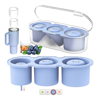 Silicone Ice Mold for Stanley Cup 30 40oz, Tumbler Ice Maker | Easy Fill and Release Without Touching Ice, Ice Cube Tray with Clear Lid and Bin for Freezer, Whiskey, Cocktail (Blue)