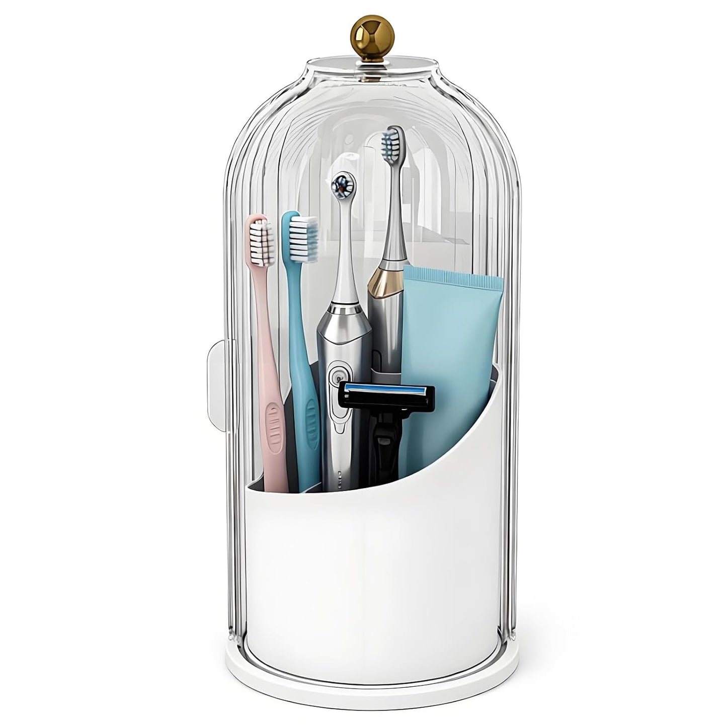 JEESA Dustproof Toothbrush Holder with Cover, Transparent/White | 360° Rotating, 180° Sliding Lid, 3 Slots, Toothbrush Organizer, for Bathroom Countertop