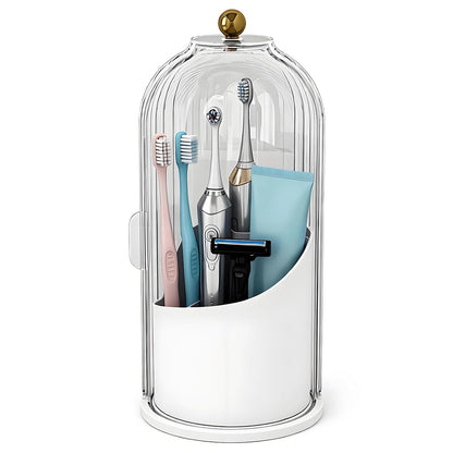 JEESA Dustproof Toothbrush Holder with Cover, Transparent/White | 360° Rotating, 180° Sliding Lid, 3 Slots, Toothbrush Organizer, for Bathroom Countertop