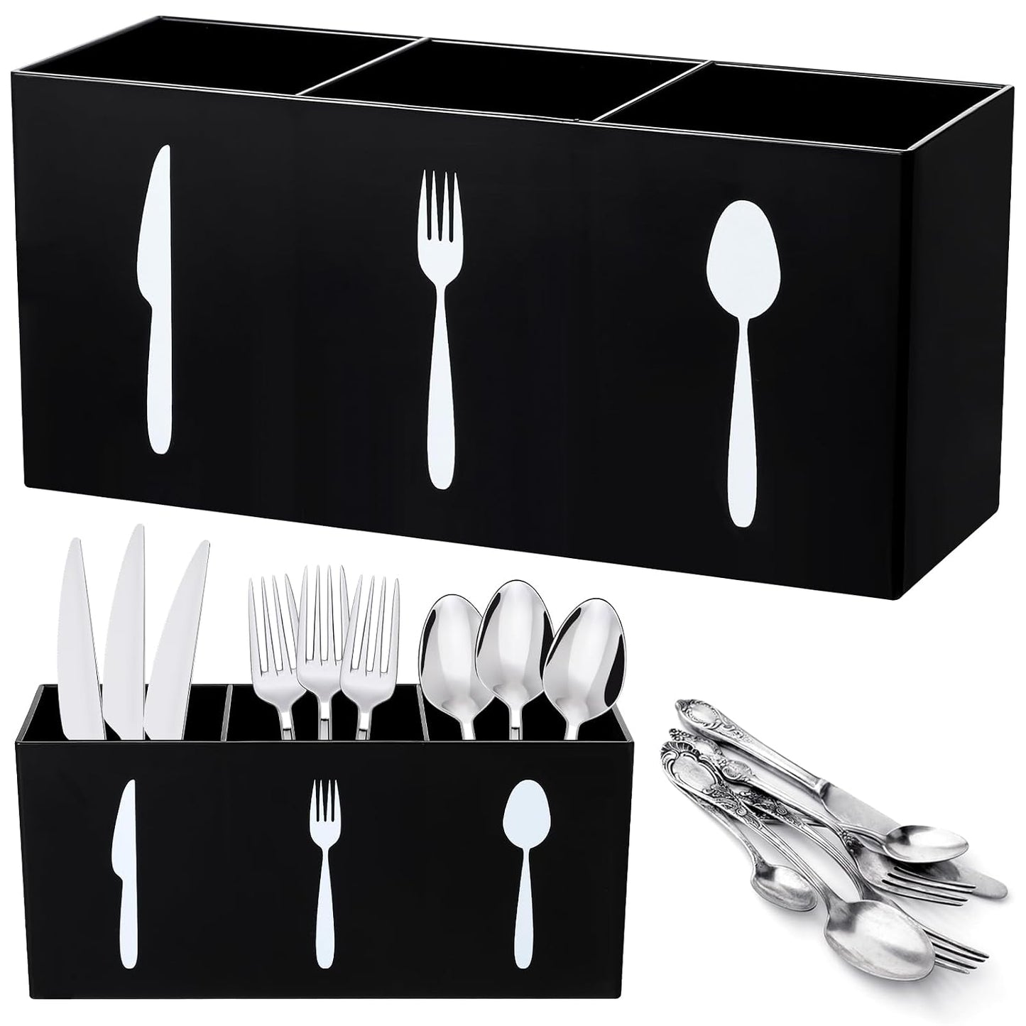 Suzile Acrylic Cutlery Storage Organizer Bin Silverware Caddy Countertop Knife Spoon and Fork Holder Kitchen 3 Section Tableware Storage Box for Cabinet Indoor Home Flatware Dining Room (Black,M)