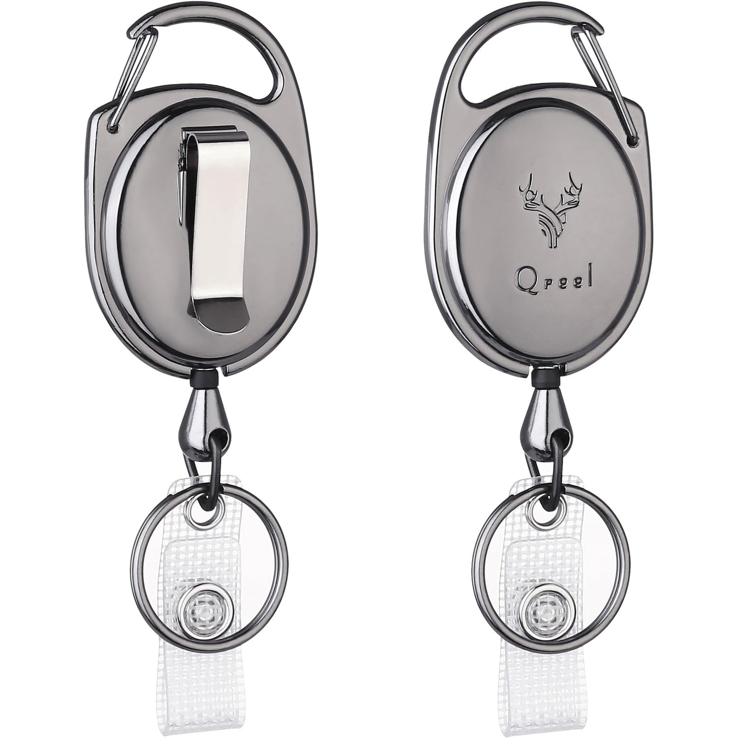 QREEL Heavy Duty Badge Reel, ID Badge Holder Retractable Keychain, 2 Pack | with Carabiner, Belt Clip, Key Ring, All Metal Casing with 24" Steel Cord, 8.0 OZ, Name Tag Holder for Nurse, Office Worker