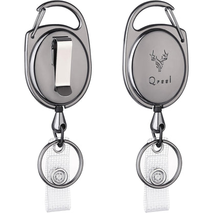 QREEL Heavy Duty Badge Reel, ID Badge Holder Retractable Keychain, 2 Pack | with Carabiner, Belt Clip, Key Ring, All Metal Casing with 24" Steel Cord, 8.0 OZ, Name Tag Holder for Nurse, Office Worker