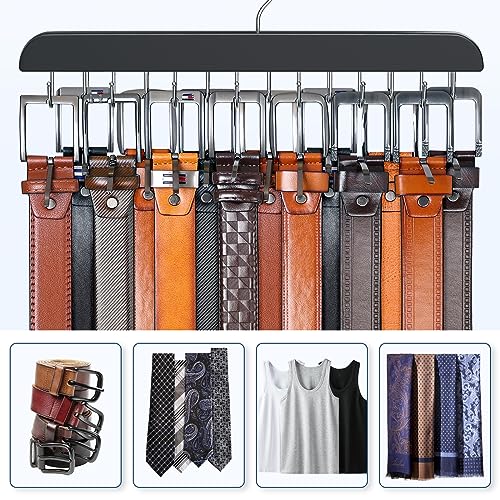 Belt Hanger for Closet, Sturdy Wood Belt Rack Closet Accessories with 14 Hooks Belt Organizer for Closet Organizers and Storage Max 42 Belts-Black 2 Pack