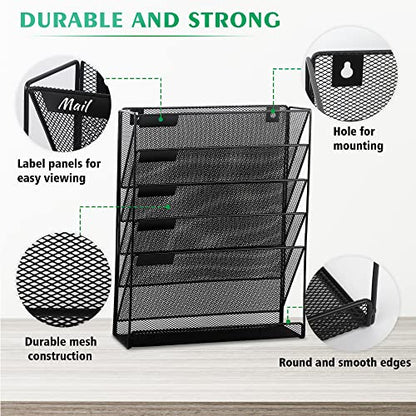 Desk File Organizer Mesh 6-Tier, Hanging Wall Mount Document Organization Stand, Desktop Vertical Mail Paper Folder Holder Rack with Bottom Tray for Office Home Cubicle Countertop, Black