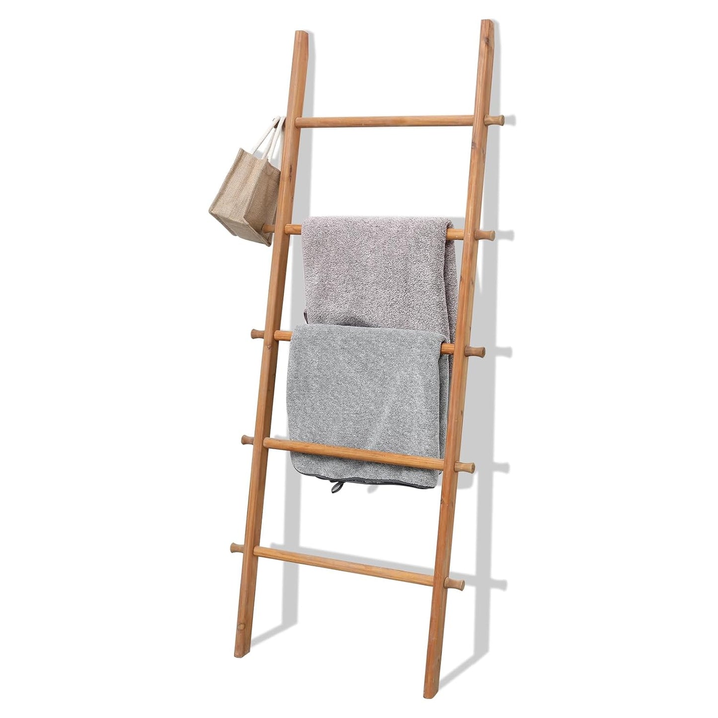 Blanket Ladder, 57in Rustic Extended Side Wood Decor Rack, Light Brown | 5 rungs, farmhouse quilt display holder, organize towel, hanging bags, leaning wall, bathroom and living room use