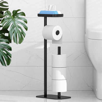 Kitsure Metal Toilet Paper Holder Free Standing, Medium, Black | Rustproof Toilet Paper Stand for 4 Rolls, Bathroom Organizers and Storage with Anti-Slip Base and Plastic Shelf