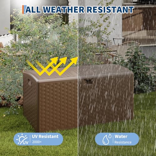 IDEALHOUSE 100 Gal Waterproof Blow Molded Resin Deck Box, Brown | Lockable Outdoor Storage Box with Hydraulic Piston & UV Resistant, Patio Cushion Container for Garden, Backyard, Pool