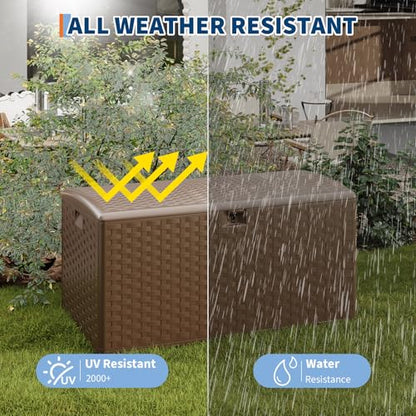 IDEALHOUSE 100 Gal Waterproof Blow Molded Resin Deck Box, Brown | Lockable Outdoor Storage Box with Hydraulic Piston & UV Resistant, Patio Cushion Container for Garden, Backyard, Pool
