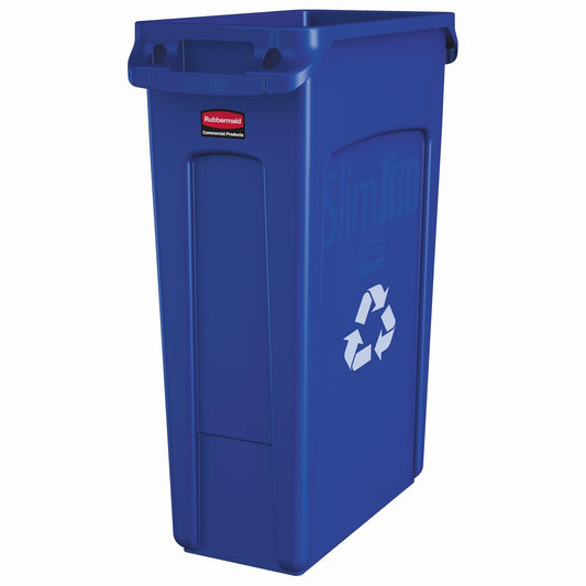 Rubbermaid Commercial Products Slim Jim Plastic Rectangular Recycling Bin/Trash Can with Venting Channels 23 Gal Blue for Kitchens/Classrooms/Offices/Back of House