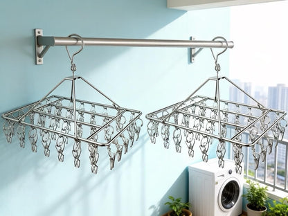 2 Pack Stainless Steel Sock Drying Racks with 80 Clips | 360° Rotatable Hanging Laundry Organizer for Hats, Bras, Baby Clothes, Underwear, Herbs, Towels, Gloves and Other Accessories