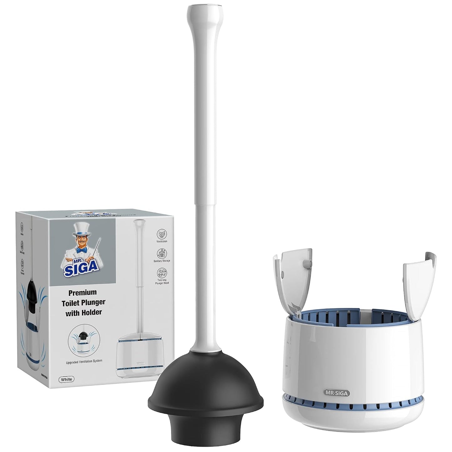 MR.SIGA Toilet Plunger with Holder, Plungers for Bathroom Heavy Duty, White | Automatic lid design, sturdy long handle, heavy duty toilet plunger and holder set, toilet clog remover