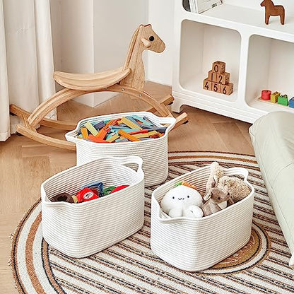R RUNKA Cotton Rope Basket Set of 3 (15"x10.2"x9.1") - Rectangle Storage Bins - Versatile Toy Storage Organizer - Perfect for Kids, Dog Toys, Books, Shelves - White