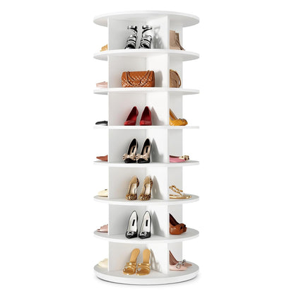 Rotating Shoe Rack 7 Tier Spinning Shoes Organizer Tower for 28-32 Pairs Lazy Susan 360 Revolving Shoe Storage Cabinet Rotate Shoe Handbag Rack Round Carousel for Closet, Bedroom (White)