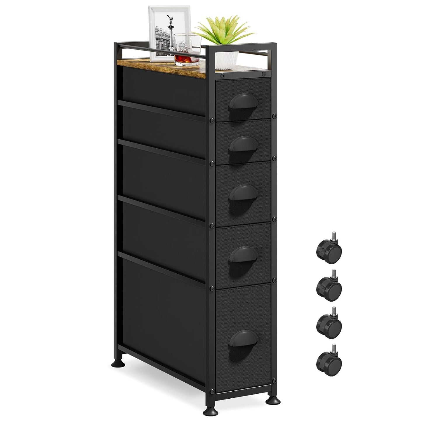 LASZOLA Narrow Cabinet Slim Storage Cart for Bathroom Small Space, Black | 5 Tiers Skinny Rolling Organizer Shelf with Sturdy Fabric Drawers, Lightweight Mobile on Wheels, Between Washer and Dryer