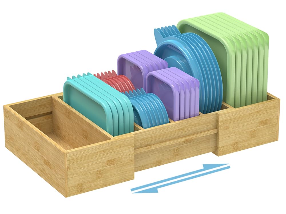 Retro Shaw Lid Organizer for Plastic Lids, Expandable | with 3 Adjustable Dividers, Bamboo, For Cabinet and Drawer, Kitchen Organizer and Storage