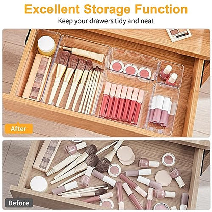 SMARTAKE 13-Piece Drawer Organizers with Non-Slip Silicone Pads, 5-Size | Clear Desk Bathroom Drawer Organizer Trays Storage Tray for Makeup, Jewelry, Utensils in Bedroom Dresser, Office and Kitchen
