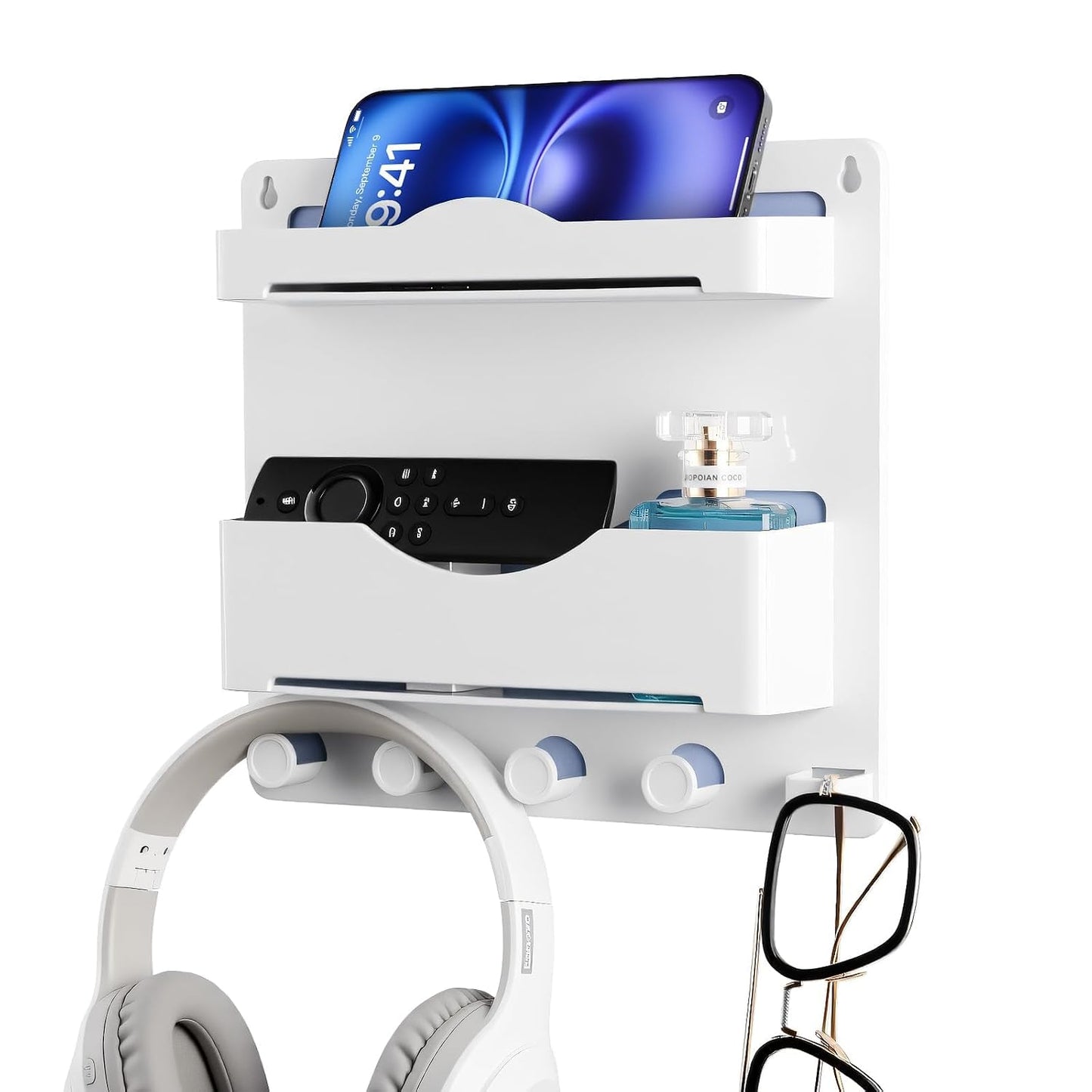 Bedside Wall Shelf with Glasses Hooks, Adhesive Bedside Organizer Wall Mount for Dorm and Room Accessories Phone，Remote，Earphone， Kindle (White)