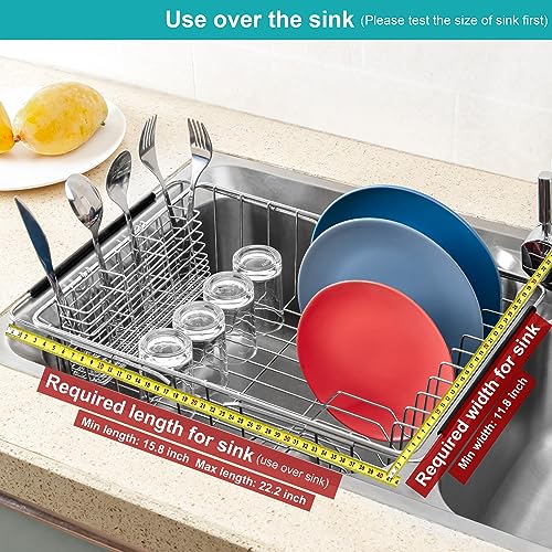 Expandable Dish Drying Rack Over Sink, Rustproof Stainless Steel Basket Shelf, Multifunctional Dish Drainer Organizer with Utensil Cutlery Holder