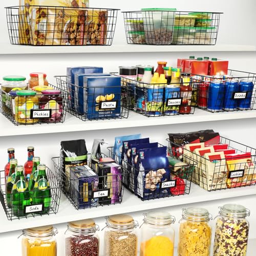 8 Set, Extra Large Wire Baskets for Organizing with Lables, Cabinet Pantry Organization and Storage Bins - Metal Basket for Kitchen, Laundry, Garage, Fridge, Bathroom Countertop Organizer, Black