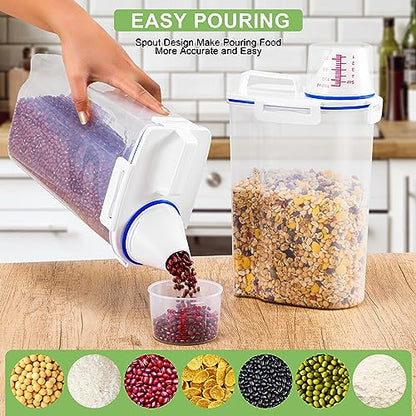2 Pcs 5.5Lbs Rice Dispenser Storage Containers, Rice Container with Measuring Cup & Pour Spout, Kitchen Plastic Airtight Container for Cereal, Grain, Flour, Sugar, Oatmeal, Dry Pet Dog Food
