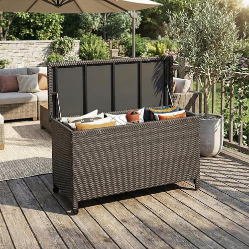 Wicker Deck Box, 185 Gallon All-Weather Outdoor Storage Box - Brown | Rattan Storage Bin for Patio Furniture, Outdoor Cushions, Pool Storage and Garden Tools