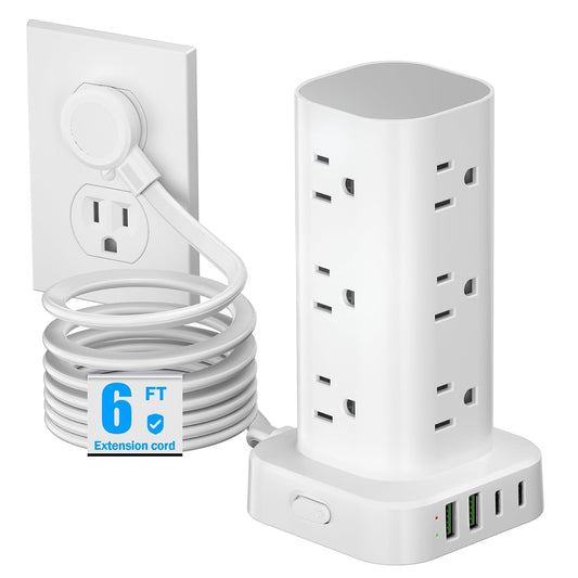 Tower Power Strips with Surge Protection, 6FT Flat Extension Cord with Multiple Outlets, 12 AC 4 USB Ports, Overload Protection Charging Station for Office Home Dorm Room Travel (White)