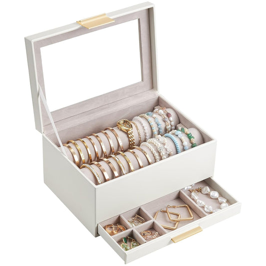 Lolalet Bracelet Holder Organizer with Clear Lid -White | Jewelry Display Box with Drawer, Fits Bangles, Bracelets & Watches, Great Gift for Her