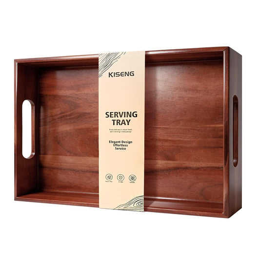 17 x 12 Inch Acacia Wood Large Serving Tray with Handles | Multi-use Tray for Coffee Table, Ottoman, Bed Breakfast, Included Free Leather Mat
