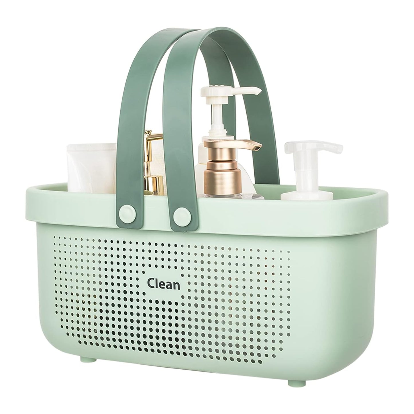 Plastic Storage Basket with Handle Portable Shower Caddy Tote Organizer Basket Bin for Bathroom Kitchen Dorm Room Bedroom, Green | Sturdy Drainage Large Capacity Organizer Basket with Silicone Handles for Bathroom Kitchen Bedroom College Dorm Essentials