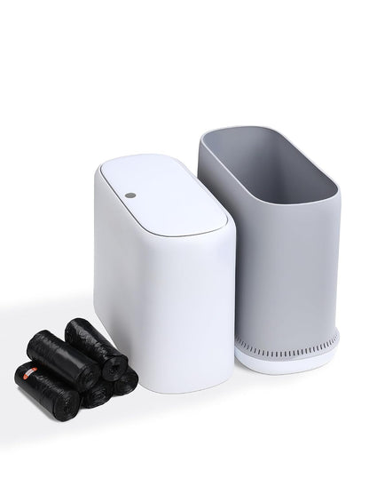 Dog Proof Small Bathroom Trash Can with Lid, Slim Press Top Garbage Can, Narrow White Plastic Waste Basket, for Bathroom Bedroom Office 3.1 Gal with 5 Rolls 75 Trash Bags