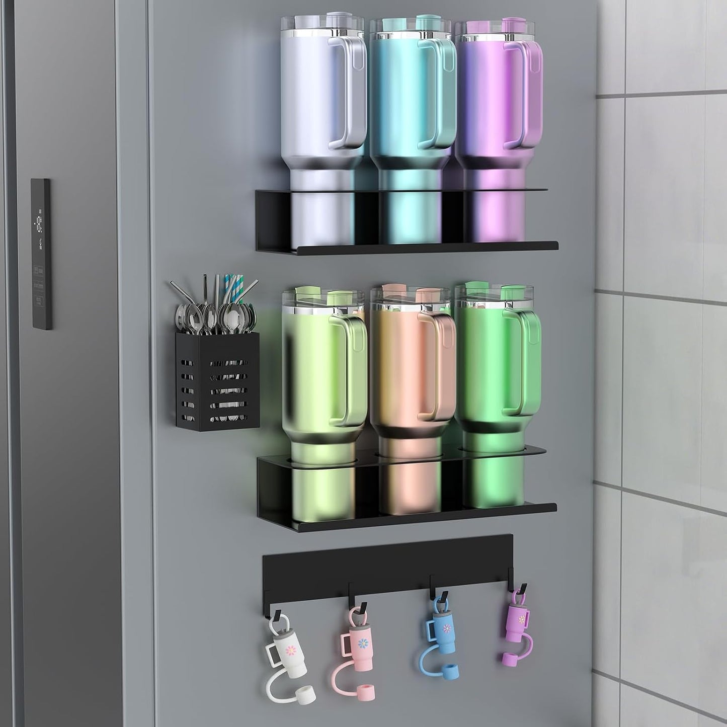 POLRAI 4 Pack Magnetic Cup Holder for Refrigerator, Water Bottle Organizer for Stanley and Tumbler, Accessory with Lid Hook Straw Holder and Double Sided Tape for Kitchen Fridge Cabinet