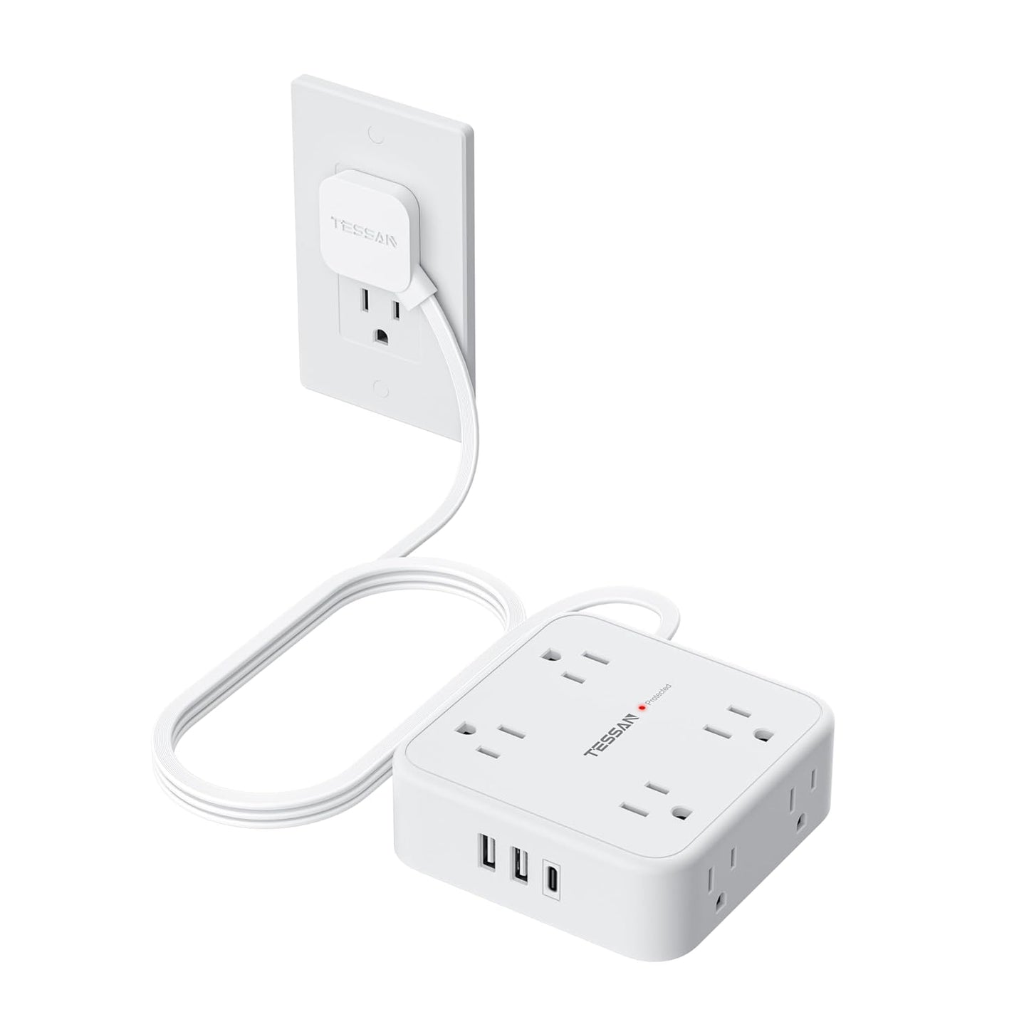 TESSAN Surge Protector Power Strip with 900J Surge Protection, 5 Ft, White | 8 AC with 3 USB Ports (1 USB C), Flat Plug Extension Cord, 3 Sided Outlet Extender with Power Switch for Office, Dorm Room
